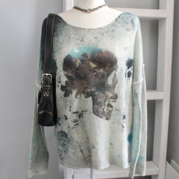 Skull Cashmere Thunder Sweater Distressed Tye Dye Print 100% Cashmere sz Medium - Picture 5 of 8